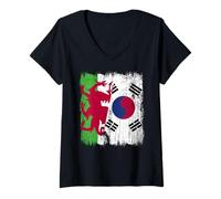 Womens Wales South Korea Half Flag Welsh South Korean Heritage V-Neck T-Shirt