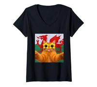 Womens Wales Welsh Dragon Flag Cat Daffodil St Davids Day V-Neck T-Shirt