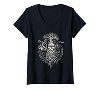 Womens Walhalla Odin Raven Wolf Tree of Life Viking V-Neck T-Shirt