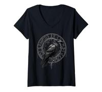Womens Walhalla Raven Odins Runes Nordic Compass Viking V-Neck T-Shirt