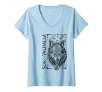 Women's Walhalla Wolf Wolves Odins Runes Nordic Compass Viking V-Neck T-Shirt