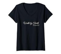 Women's Walk by Faith 2 Corinthians 5:7 Christian Scripture Quote V-Neck T-Shirt