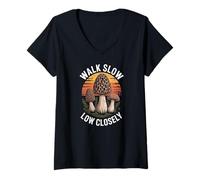 Women's Walk Slow Look Closely Mushroom Foraging Nature V-Neck T-Shirt