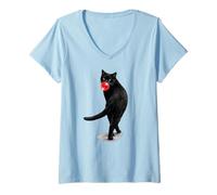 Women's Walking Black Cat Blowing Red Bubble Gum Design V-Neck T-Shirt