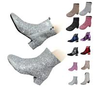 womens walking boots Ladies Boots Chunky Heel Mid Heel Short Women's Border Large Size Glitter Sequins Round Head Chunky Wide Fit Wedge Shoes Warm Lined Low Calf ladies wide fit shoes Silver 6