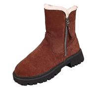 Women's Walking Boots Zip Flat Low Block Heel Ladies Faux Fur Lined Suede Ankle Booties Side Zipper Vintage Snow Boots Round Toe Flat Heel Winter Walking Shoes Outdoor Short Booties Footwear Gifts