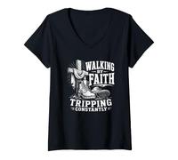 Women's Walking By Faith Tripping Constantly Christian V-Neck T-Shirt