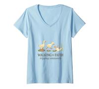 Womens Walking by Faith Tripping Constantly Funny Christian Duck V-Neck T-Shirt