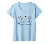 Womens Walking by Faith Tripping Constantly Jesus Cross Christian V-Neck T-Shirt