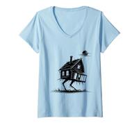 Womens Walking House on Chicken Legs Slavic Folklore Baba Yaga Art V-Neck T-Shirt