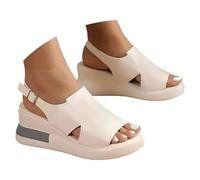 womens walking sandal Thick Soled Wedge Heeled Fish Mouth Women's Shoes Fashionable And Casual Buckled Soft Leather Outer Wear Height Increasing Sandals Sandals for Women Heels 8 (Beige, 5.5)