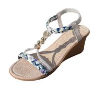 Womens Walking Sandals Woven Strap Platform Wedge Sandals Handmade Beaded Rope Bottom Lightweight Summer Bohemian Increase Height Slippers (Light Blue, 6)