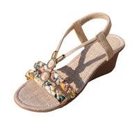 Womens Walking Sandals Woven Strap Platform Wedge Sandals Handmade Beaded Rope Bottom Lightweight Summer Bohemian Increase Height Slippers (Khaki, 3.5)