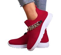 Women's Walking Tennis Shoes for Flying Weaving Breathable Metal Chain Running Footwear Lightweight Athletic Casual Gym Slip-on Holow Out Sneakers Suitable for Summer Walking (Red, 5.5)