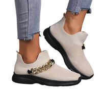 Women's Walking Tennis Shoes for Flying Weaving Breathable Metal Chain Running Footwear Lightweight Athletic Casual Gym Slip-on Holow Out Sneakers Suitable for Summer Walking (White, 4.5)