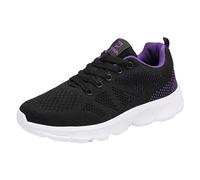 Womens Walking Trainers - Women Sneakers Fashionable Pattern Color Blocking Thick Sole Flat Bottom Comfortable Non Slip Mesh Breathable Lace Up Casual Shoes Purple