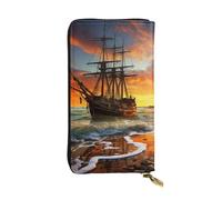 Women's Wallet Clutch Large Capacity Long Wallet Pirate ship in the sunset Leather Ladies Card Phone Holder Travel Purse