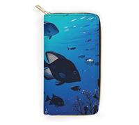 Womens Wallet Multi-Pocket Long Wallet Fish Hover in The Sea Leather Wallet for Women Ultra Slim Thin Wallet with Zipper Pocket for Shopping Work, style, 19.7x10.5cm