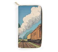 Womens Wallet Multi-Pocket Long Wallet Rural Locomotive Smoking Railway Leather Wallet for Women Ultra Slim Thin Wallet with Zipper Pocket for Shopping Work, style, 19.7x10.5cm