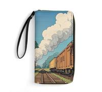 Womens Wallet Multi-Pocket Long Wallet Rural Locomotive Smoking Railway Leather Wallet for Women Ultra Slim Thin Wallet with Zipper Pocket for Shopping Work, style, 19.7x10.5cm, Modern