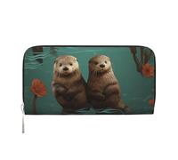 Womens Wallet Otters In Love Zip Around Wallet Pu Leather Phone Clutch Purse Card Holder Organizer For Women Ladies, Black, One Size