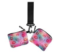 Women's Wallets Card Cases Valentines Kisses Lips Gradient Peach Doodles Love Small Portable Key Chain Wallet Change Purse with Wristle Strap for Men Women 2 Pcs, valentines kisses lips Gradient Peach