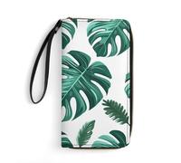 Women's Wallets Leathe Printed,Airplane Flying in The Air Zip Around Credit Cards Holder Phone Clutch, Cyan Palm Leaves, 19.7x10.5cm