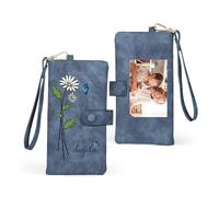 Women's Wallets with Photo Birth Flower Engraving Personalised Leather Wallet Long Wallet Gifts for Women Mother's Day Christmas Day Valentine's Day (Blue2)