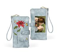 Women's Wallets with Photo Birth Flower Engraving Personalised Leather Wallet Long Wallet Gifts for Women Mother's Day Christmas Day Valentine's Day (Blue)