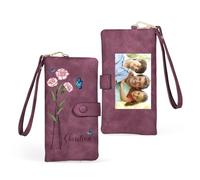 Women's Wallets with Photo Birth Flower Engraving Personalised Leather Wallet Long Wallet Gifts for Women Mother's Day Christmas Day Valentine's Day (Purple)