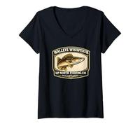 Women's Walleye Whisperer Up North Fishing Badge Graphic V-Neck T-Shirt
