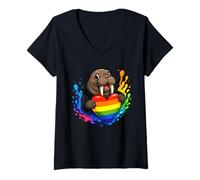 Womens Walrus Holding Heart Rainbow Flag Proud LGBT Supporter Lover V-Neck T-Shirt