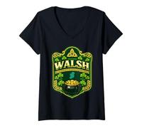 Women's Walsh Irish Crest Design Celtic Shamrock Ireland Pride Badge V-Neck T-Shirt
