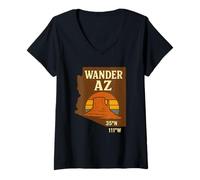 Womens Wander Arizona Desert Shirt State Map Coordinates Sunset AZ V-Neck T-Shirt
