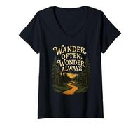 Womens Wander Often Wonder Always Hiking Adventure Forest Path V-Neck T-Shirt