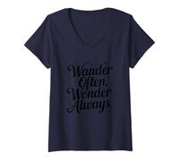 Women's Wander Often Wonder Always Inspirational Travel Quote V-Neck T-Shirt