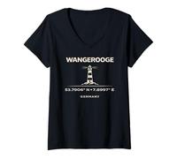 Women's Wangerooge Germany Lighthouse Coordinates North Sea V-Neck T-Shirt
