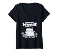 Women's Wanna NOAH Secret? Jesus Saves. V-Neck T-Shirt, Black, Medium