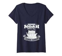 Women's Wanna NOAH Secret? Jesus Saves. V-Neck T-Shirt, Navy Blue, Small