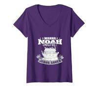 Women's Wanna NOAH Secret? Jesus Saves. V-Neck T-Shirt, Purple, Small