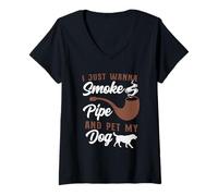 Womens Wanna Smoke My Pipe And Pet My Dog Lover Hobby V-Neck T-Shirt