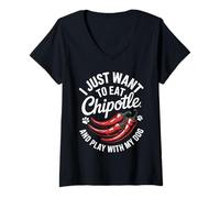 Womens Want Eat Chipotle Play With Dog Mexican Food Spicy Chipotle V-Neck T-Shirt