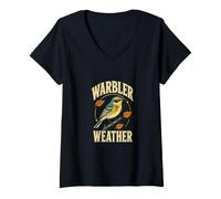 Women's Warbler Weather Retro Birdwatching Migration V-Neck T-Shirt