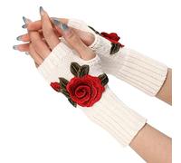 Women's Warm Knitted Gloves, Convertible Mittens, Fashionable Flower Thief Costume (Watermelon Red, One Size)