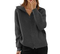 Women's Warm Long Sleeve Sweatshirt with Zip - Casual Lapel Collar Solid Colour Loose Fit Comfortable Chic and Elegant Jacket Large Size Temperament Fit Autumn Winter Sweater, grey, L