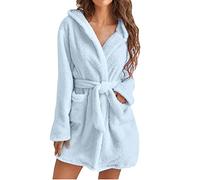 Women's Warm Short Fluffy Bathrobe Dressing Gown Without Hood, Winter Sauna Gown With Belt, Microfibre Soft Pyjamas Robe, Blue, S