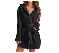Women's Warm Short Fluffy Bathrobe Dressing Gown Without Hood, Winter Sauna Gown With Belt, Microfibre Soft Pyjamas Robe, Black, Small