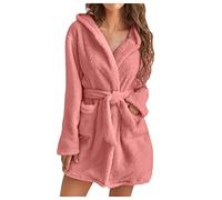 Women's Warm Short Fluffy Bathrobe Dressing Gown Without Hood, Winter Sauna Gown With Belt, Microfibre Soft Pyjamas Robe, Pink, L