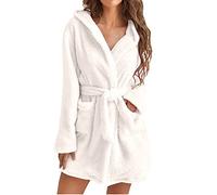 Women's Warm Short Fluffy Bathrobe Dressing Gown Without Hood Winter Sauna Gown With Belt Pyjamas Microfibre Soft Robe, Weiß, M