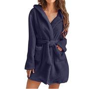 Women's Warm Short Fluffy Bathrobe Dressing Gown Without Hood, Winter Sauna Robe With Belt, Microfibre Soft Pyjamas, Navy, S